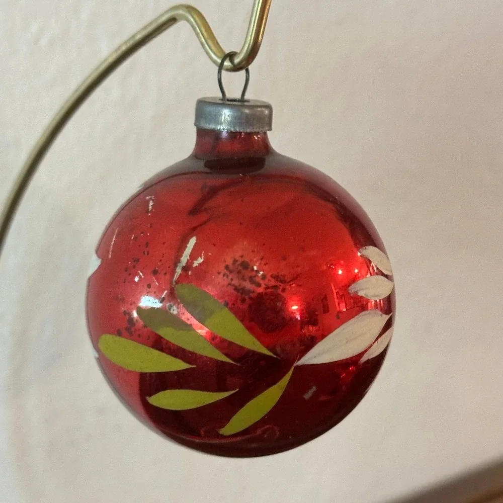 Vintage Heim Glass Christmas Ornament Hand Painted White Green Leaves 2.50''
